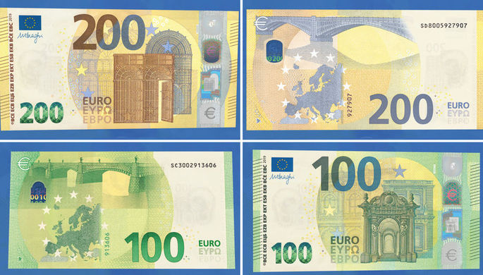 Появились новые купюры в €100 и €200